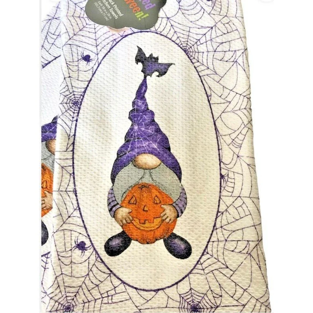 Halloween Kitchen Dish Towels Gnome Pumpkin Spider Web 100% Cotton Set of 2